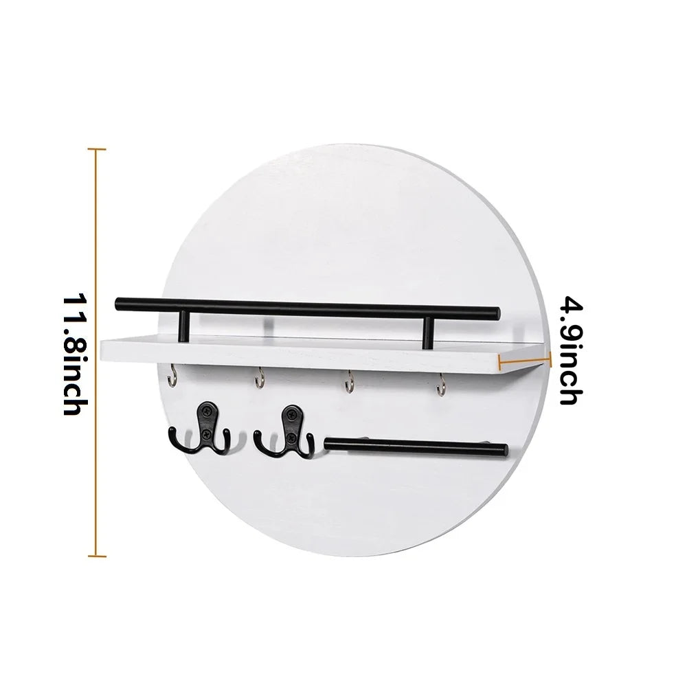 A white circular wall key holder with a shelf and multiple hooks for keys.