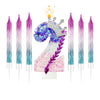 A set of gradient sparkle number birthday candles forming the number 2, featuring purple and blue hues.
