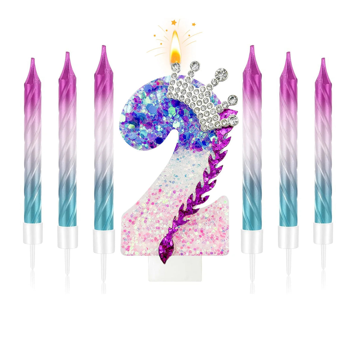 A set of gradient sparkle number birthday candles forming the number 2, featuring purple and blue hues.