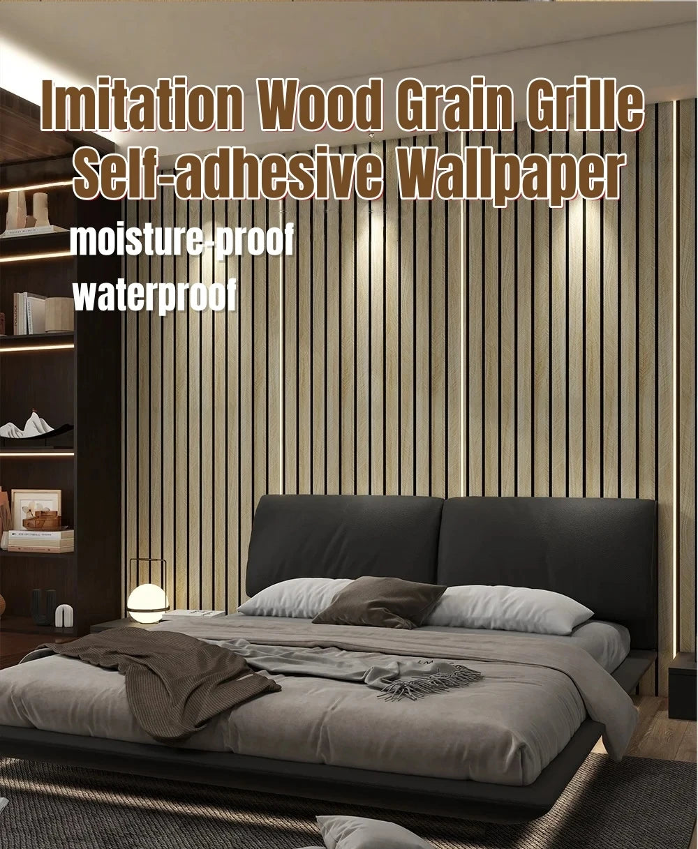 A close-up of imitation wood grain self-adhesive wallpaper covering a wall behind a modern bed.