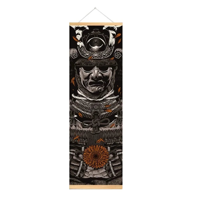 Japanese Samurai Ukiyo-e tiger canvas wall art with wooden hanging scroll featuring a fierce samurai face and tiger motif.