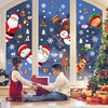 A boy and a girl are decorating a window with festive Christmas stickers featuring a snowman, deer, and Santa Claus.