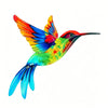 A vibrant, colorful metal hummingbird wall art featuring iridescent blues, greens, reds, and oranges.