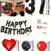 A set of red and black foil number balloons, heart balloons, and letter balloons for birthday decorations.