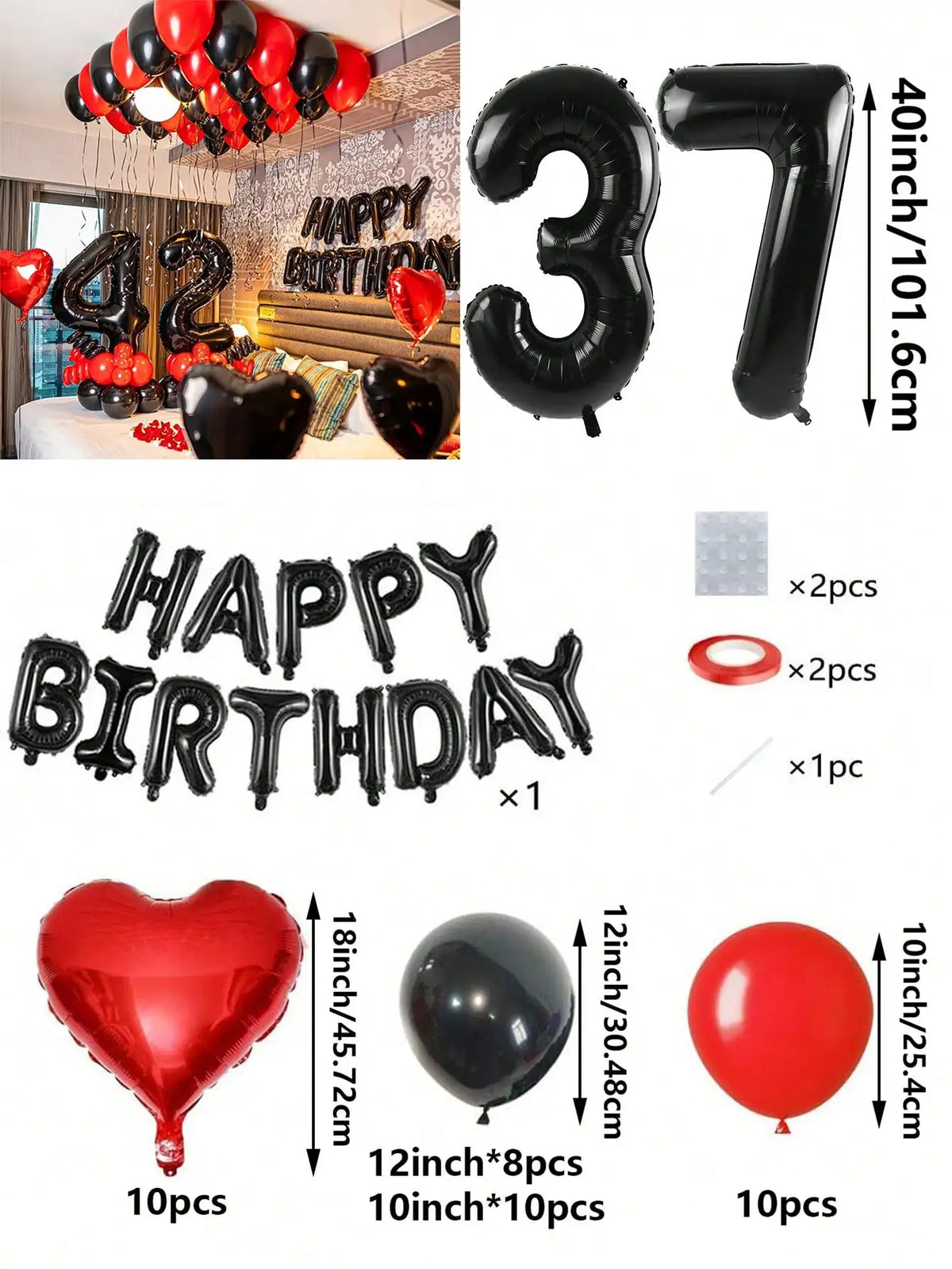 A set of red and black foil number balloons, heart balloons, and letter balloons for birthday decorations.