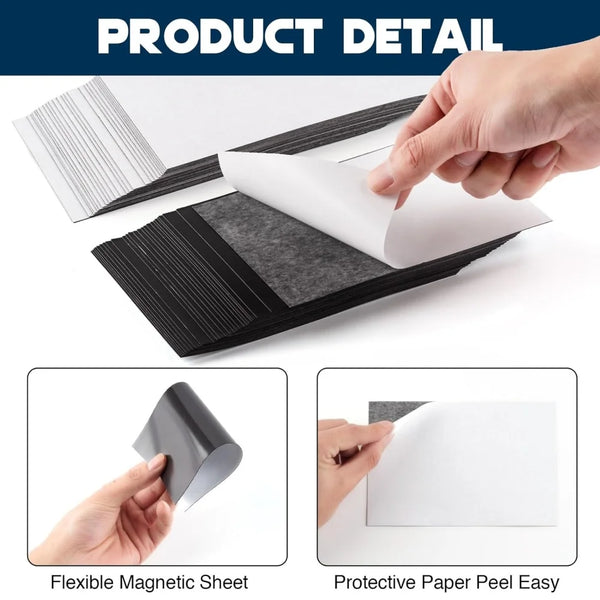 A hand is peeling a protective paper sheet from a flexible magnetic sheet for crafts and decor.