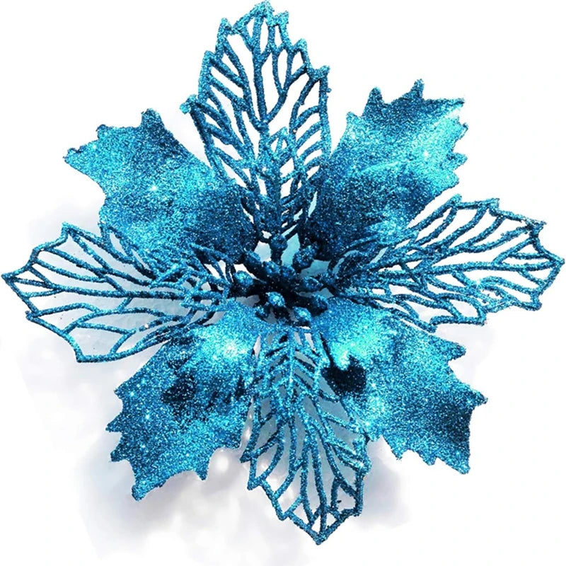 Blue glittery silk artificial Christmas flowers with a gold sparkle finish