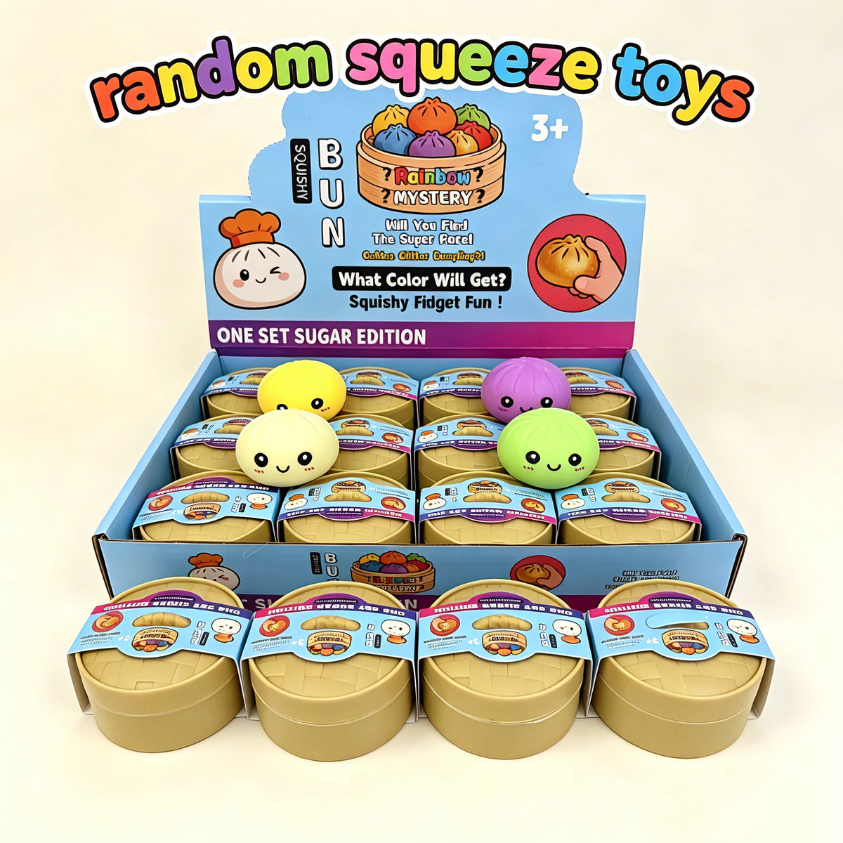 A box of random squeeze toys featuring a pink and yellow bun mystery set with various colored squishy fidget fun toys.