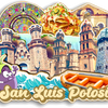A collection of wooden refrigerator magnets featuring architecture and a food item, labeled San Luis Potosi.