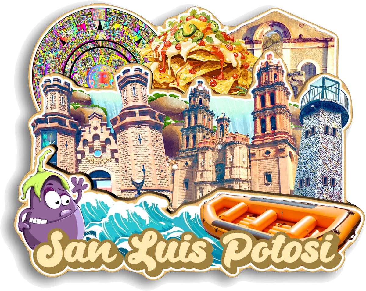 A collection of wooden refrigerator magnets featuring architecture and a food item, labeled San Luis Potosi.