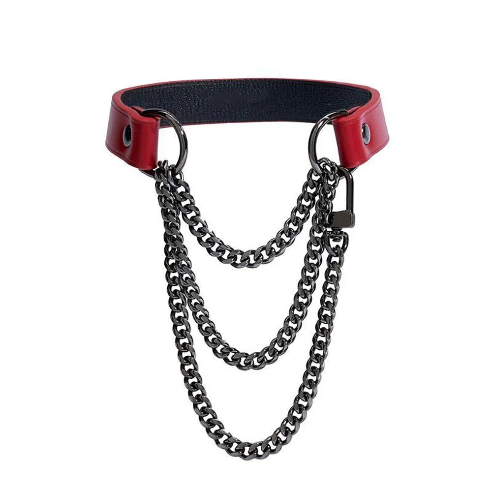 A black leather choker necklace featuring a triple-layer chain design.