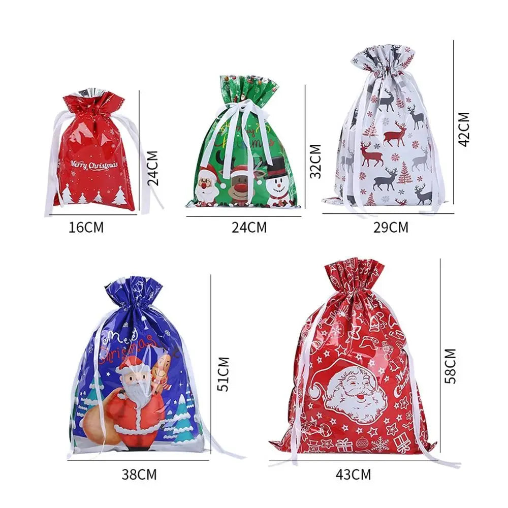 A set of five festive drawstring Christmas gift bags featuring Santa and snowman designs in red, green, and white.