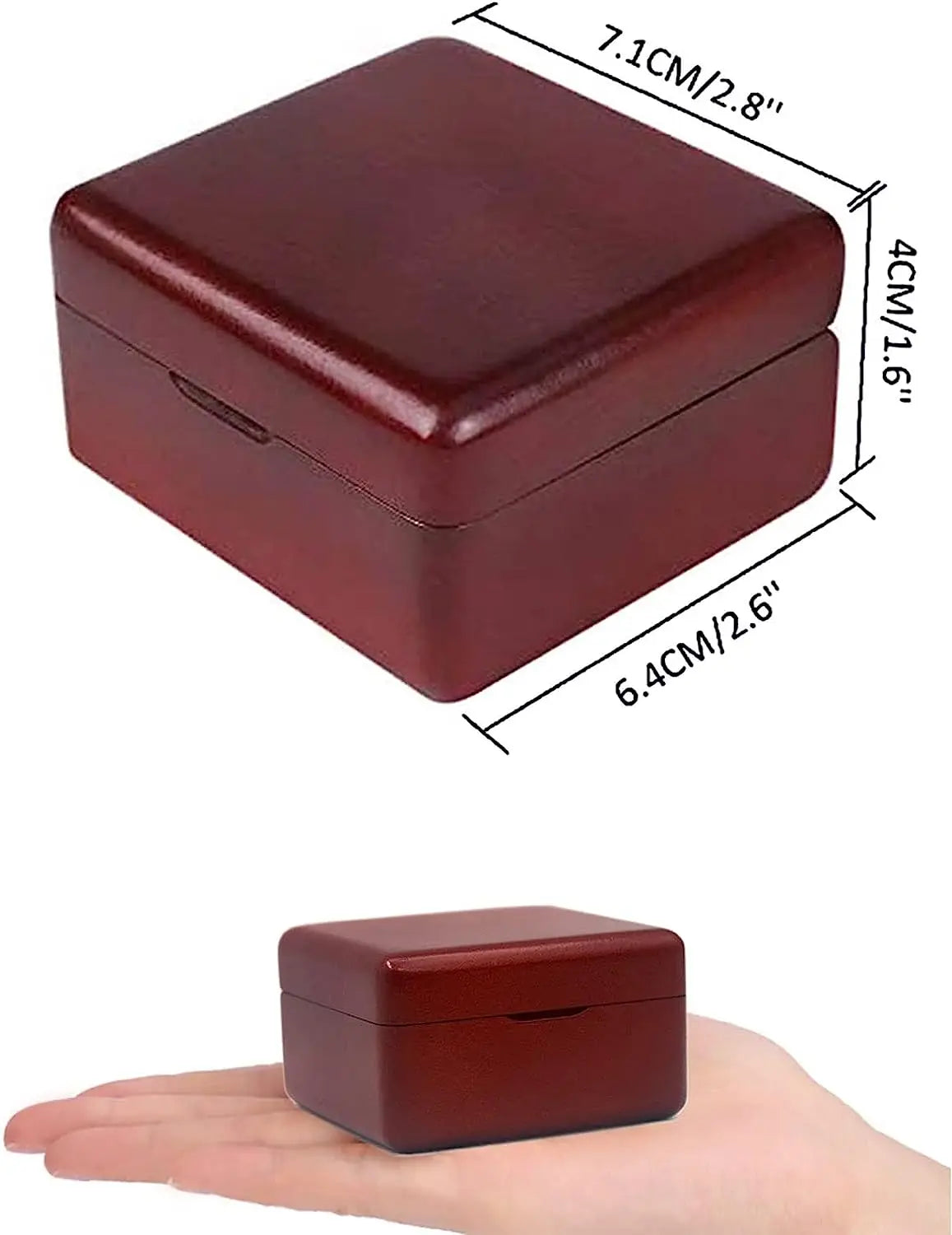 A square, dark reddish-brown music box with rounded edges shown resting on a person's hand.