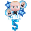 Blue balloons featuring baby figures and a large blue number five for a baby boss themed party