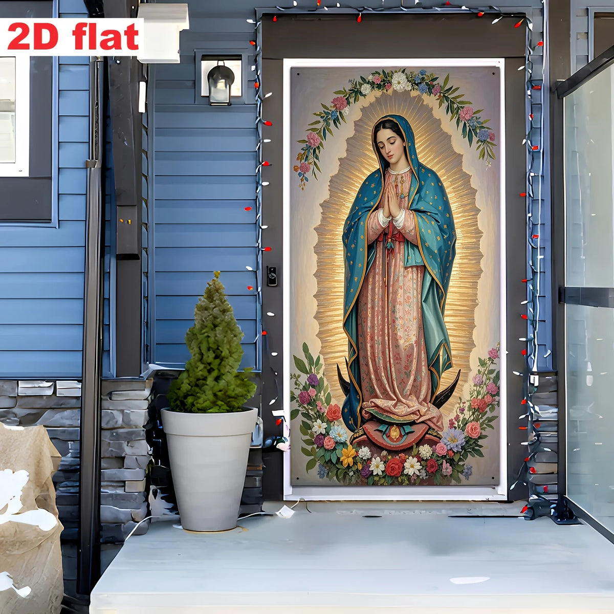 Guadalupe Madonna Religious Wall Art Gate Flag with Golden Halo and Floral Design