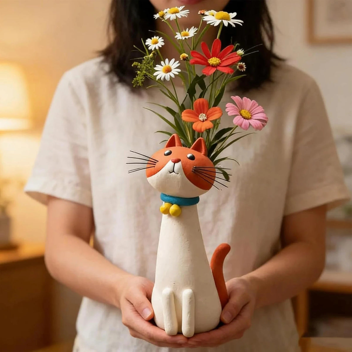A person holds a whimsical resin cat flower vase with orange and pink flowers.