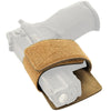 A beige universal concealed carry holster with a textured brown leather sleeve and a clear grip.