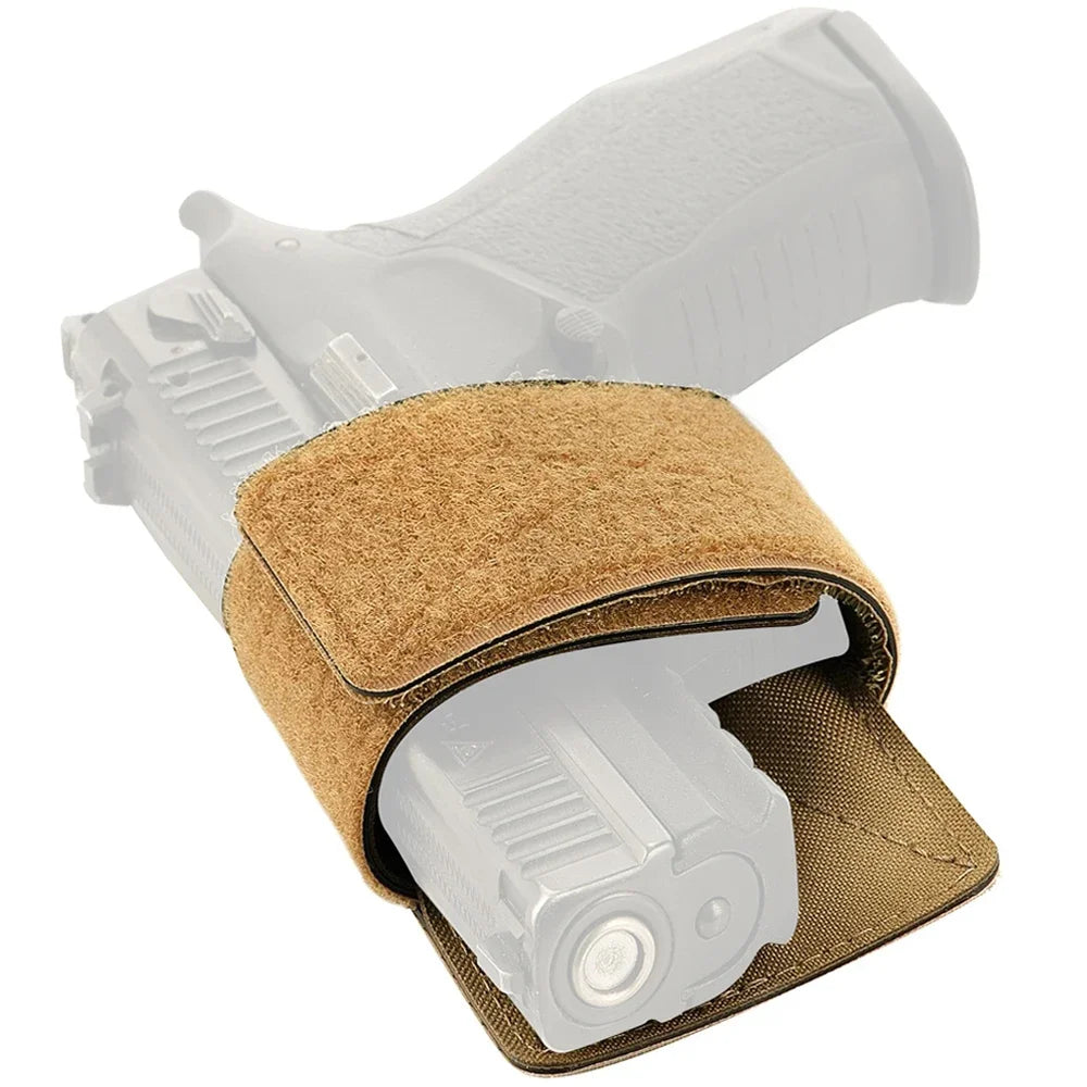 A beige universal concealed carry holster with a textured brown leather sleeve and a clear grip.