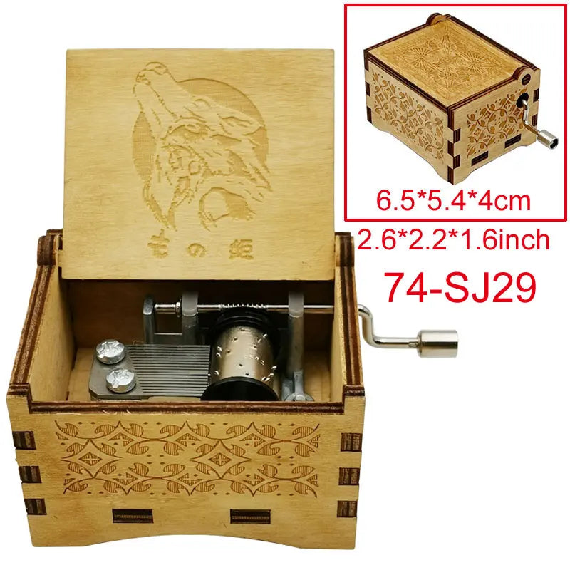A wooden music box with a lid featuring a lion head design and an internal mechanism.