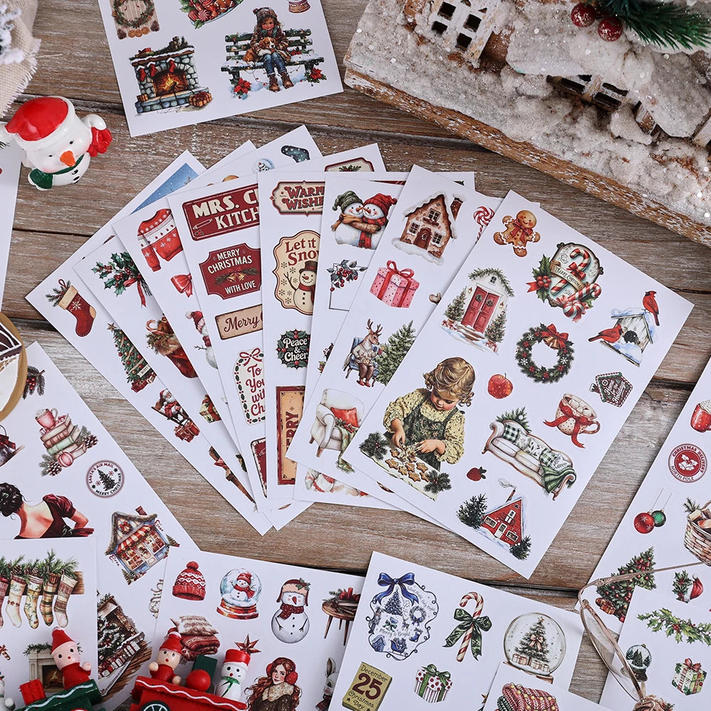 Eine Sammlung festlicher Weihnachtssticker mit Weihnachts- und Wintermotiven zum Basteln.