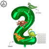Green foil balloon shaped like the number 2, featuring a small dinosaur decoration and a separate sheet of balloons.