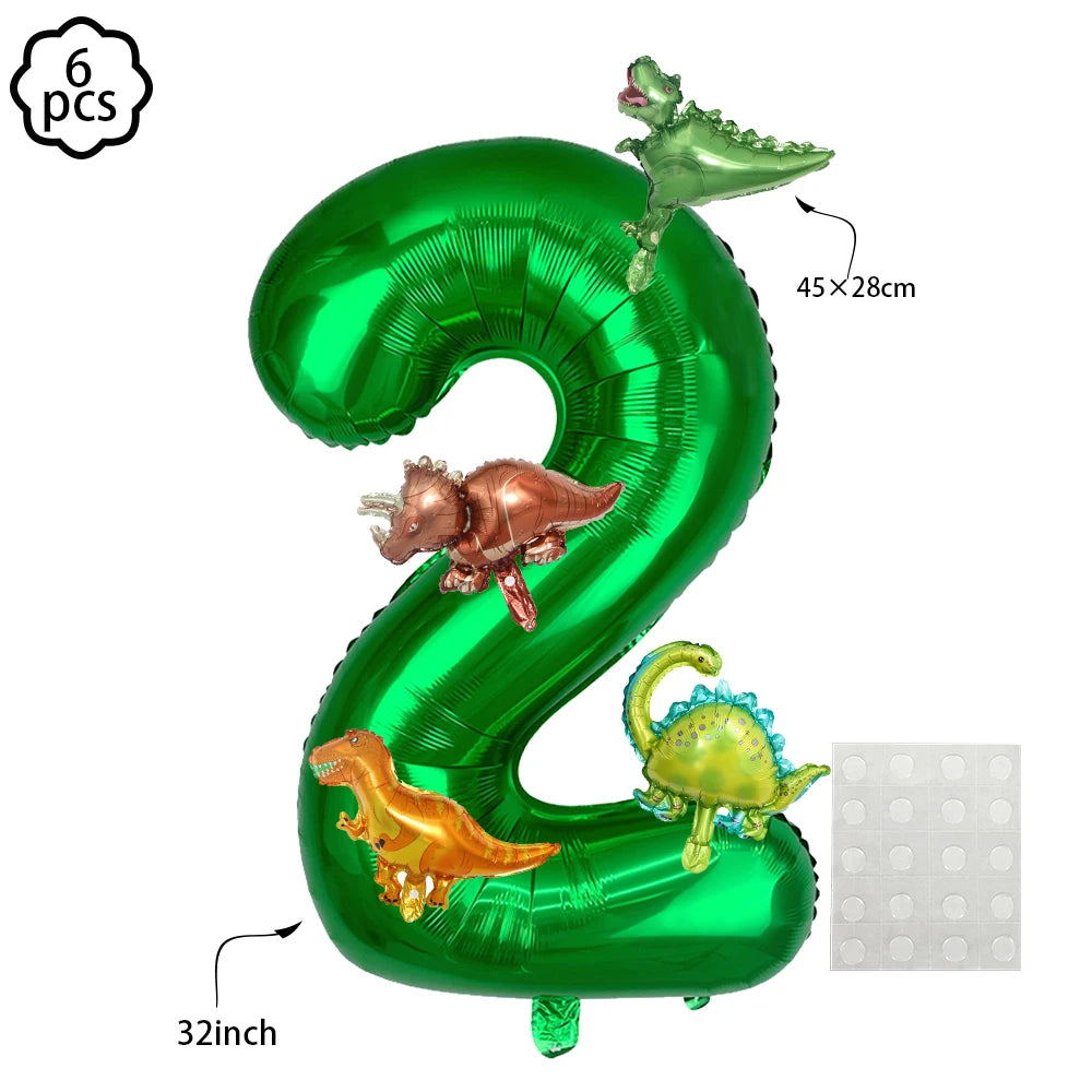 Green foil balloon shaped like the number 2, featuring a small dinosaur decoration and a separate sheet of balloons.