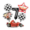 A set of birthday racing car party decorations including a black balloon, a star balloon, and a red racing car model.