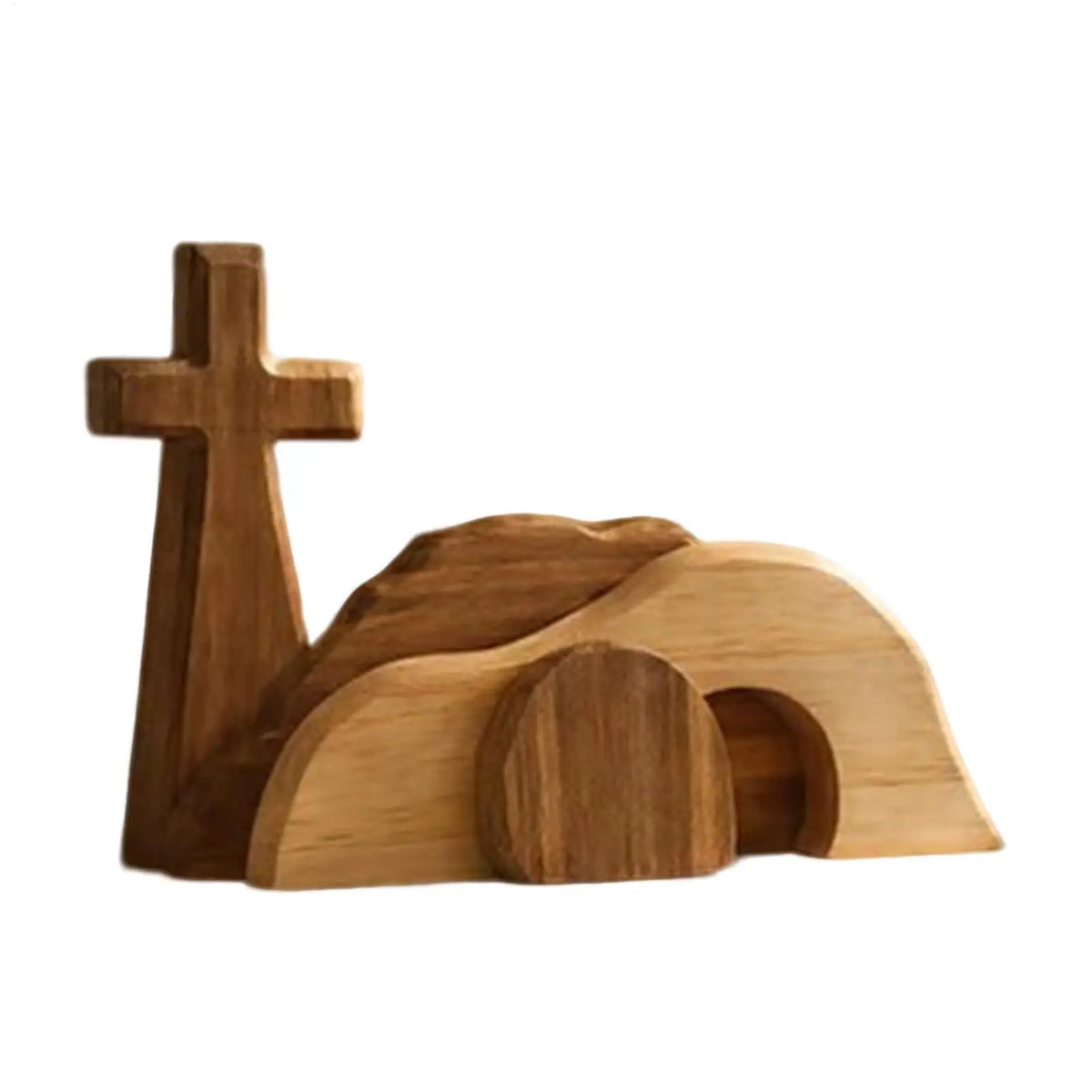Wooden Easter empty tomb scene decoration featuring a cross and a landscape.