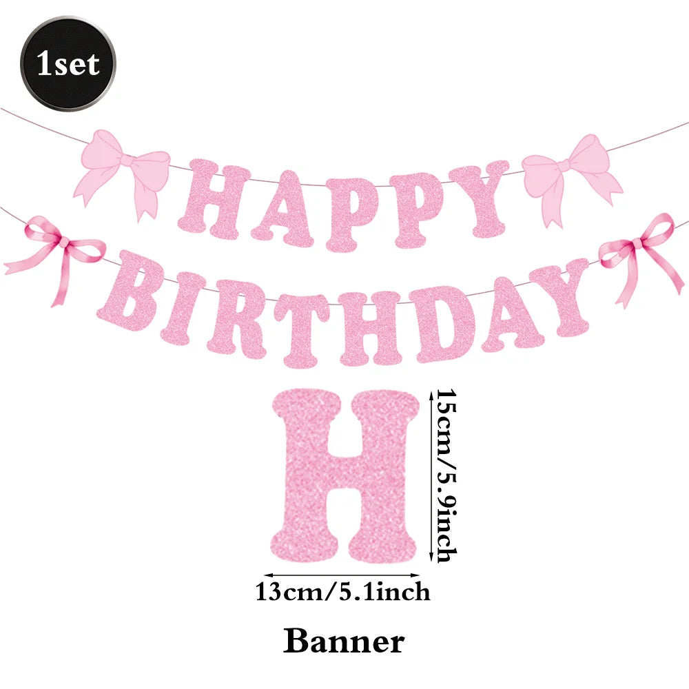 Glitter pink bow birthday banner with the words HAPPY BIRTHDAY