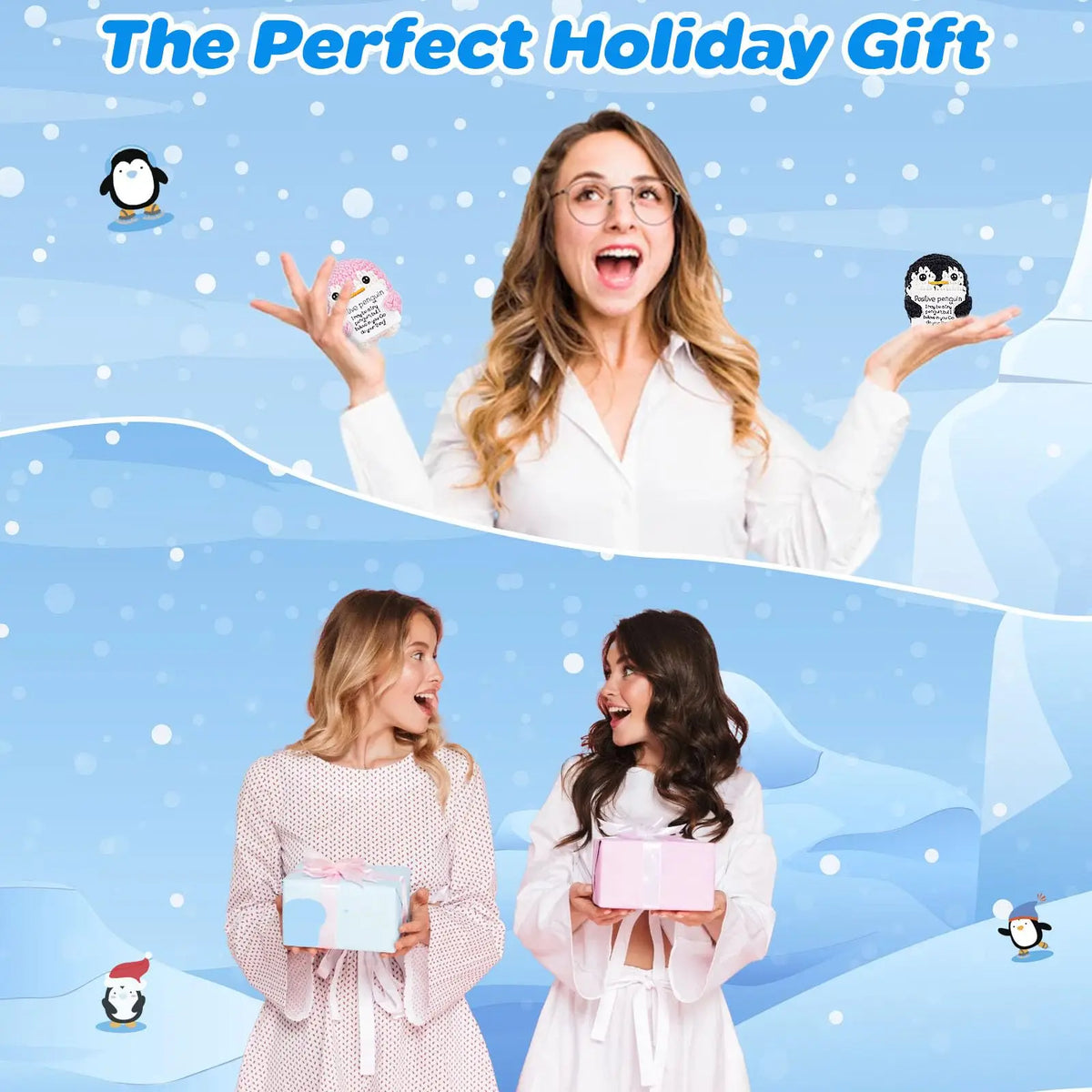 A woman presents a handcrafted crochet penguin plush with an encouraging card to two other women in a light blue outdoor sett