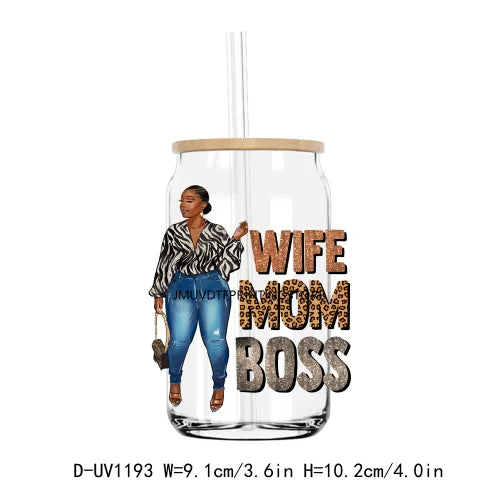 A clear tumbler with a gold lid features the text WIFE MOM BOSS in a distressed font.