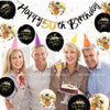A family of four celebrating a birthday with a black and gold glitter banner featuring the text Happy 50th Birthday.