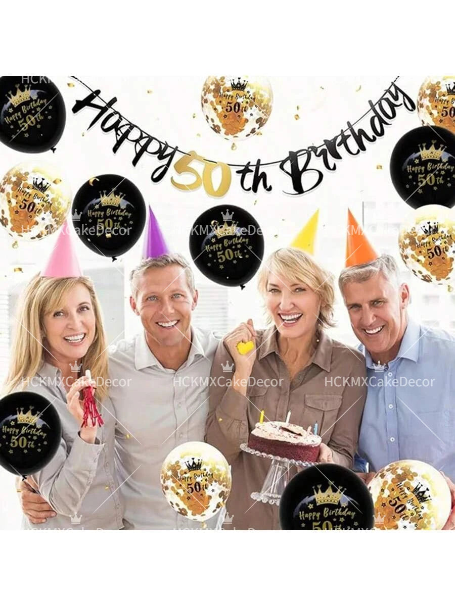 A family of four celebrating a birthday with a black and gold glitter banner featuring the text Happy 50th Birthday.