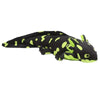A black and neon yellow axolotl plush toy with large eyes.