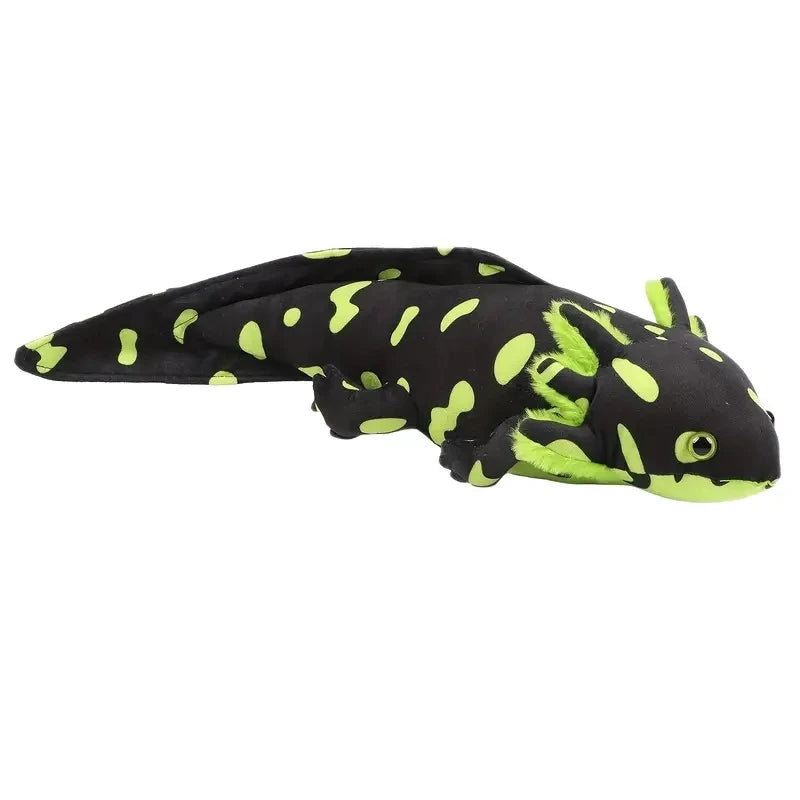 A black and neon yellow axolotl plush toy with large eyes.