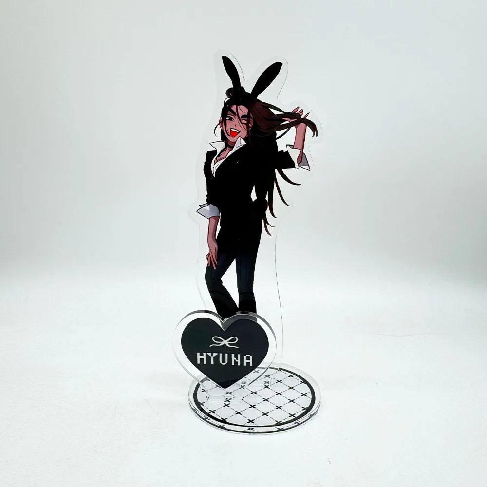 Acrylic keychain set featuring an anime character pendant of a woman with dark hair and makeup.