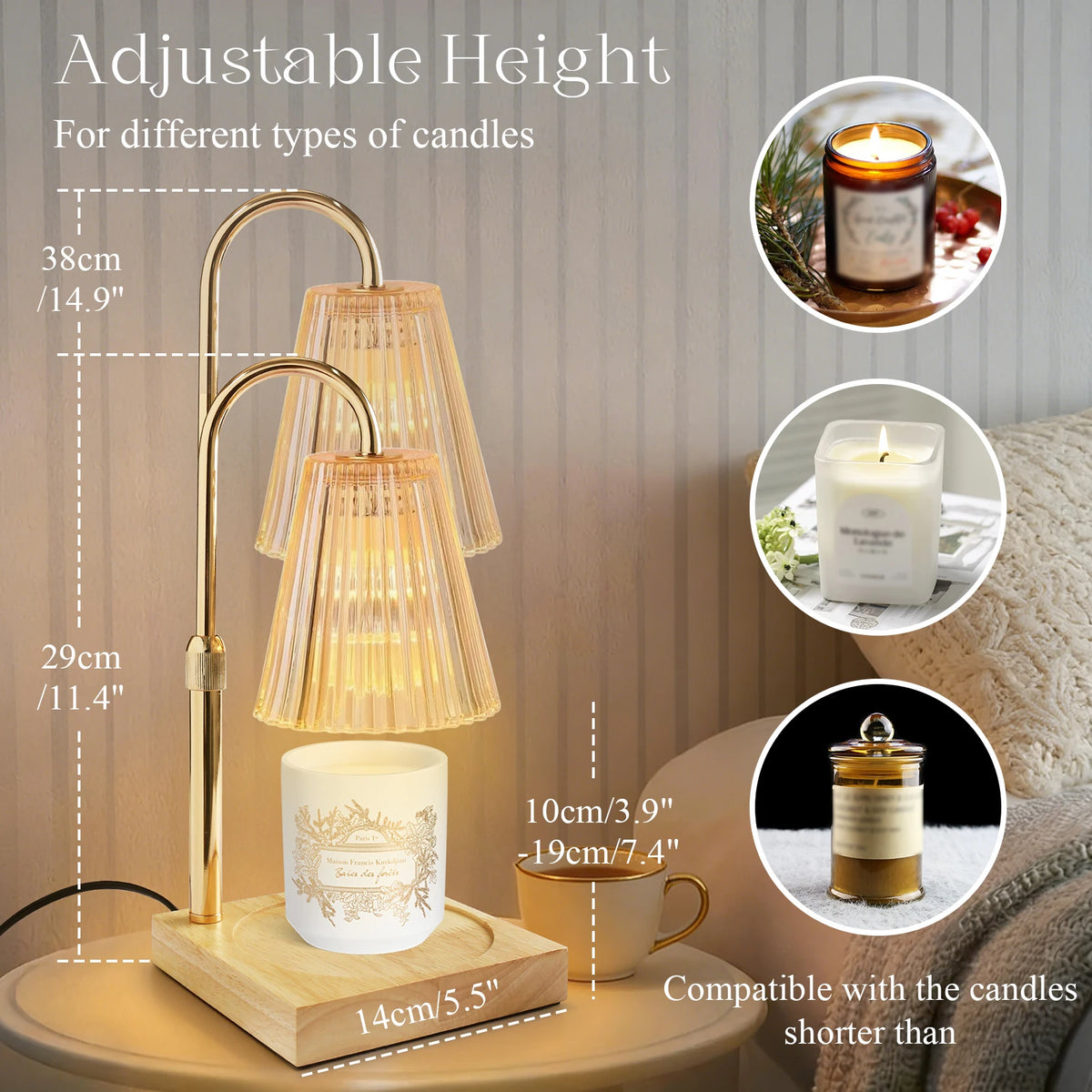 Verstellbare Messing-Kerzenwarmerlampe mit Glasschirmen und Holzbasis für Wachsduftkerzen