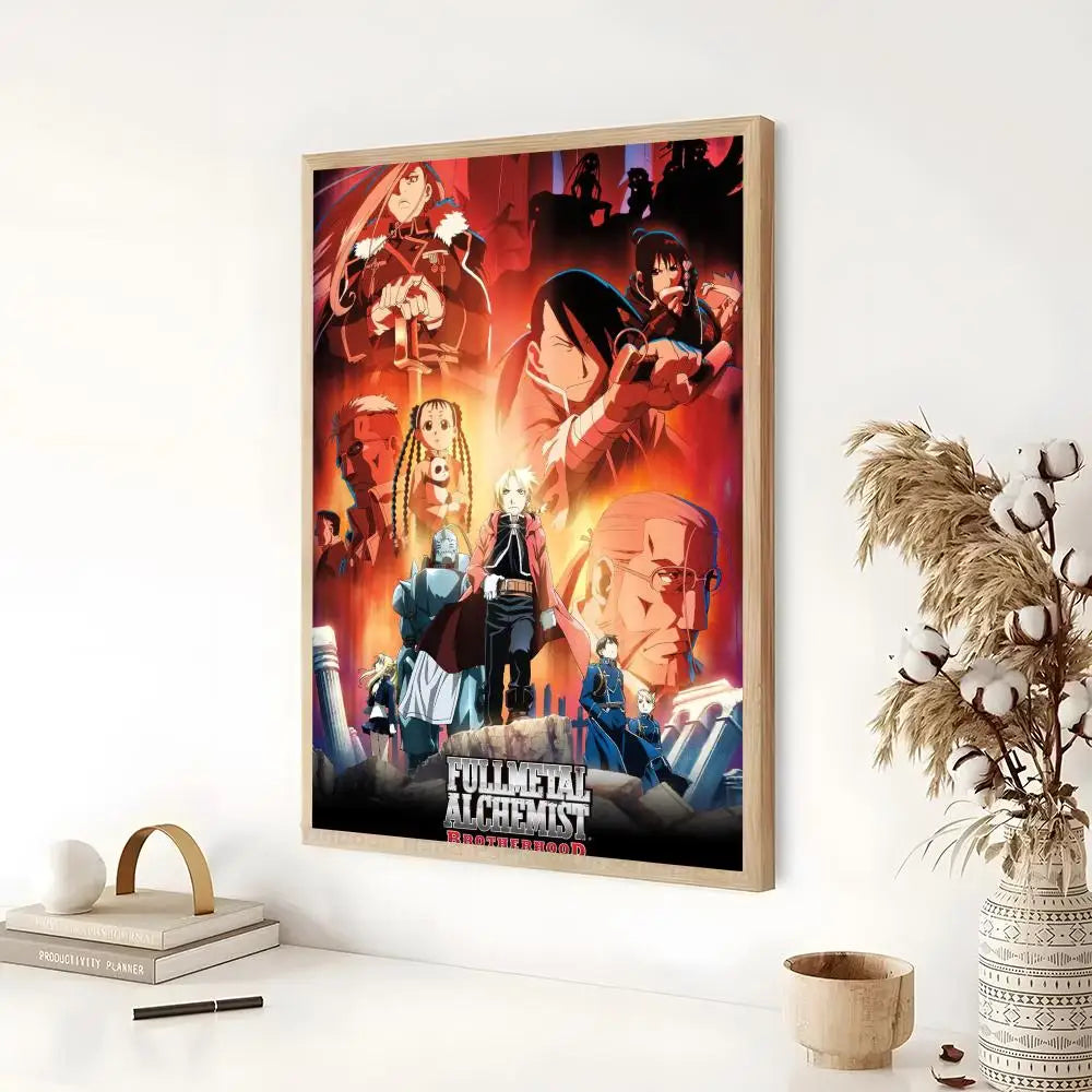 Anime poster featuring characters from Fullmetal Alchemist in a dramatic, fiery style.