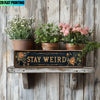 A wooden sign with the text STAY WEIRD surrounded by dried flowers and greenery on a rustic shelf.