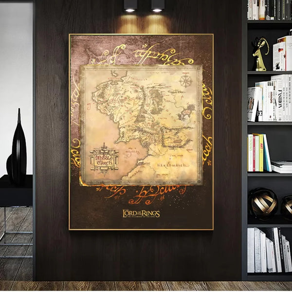 Vintage retro world map canvas wall art with gold frame displayed on a dark wood panel.