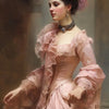 A portrait of a woman in a pink gown and elaborate hairstyle, painted in soft tones.