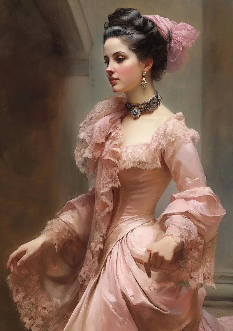 A portrait of a woman in a pink gown and elaborate hairstyle, painted in soft tones.