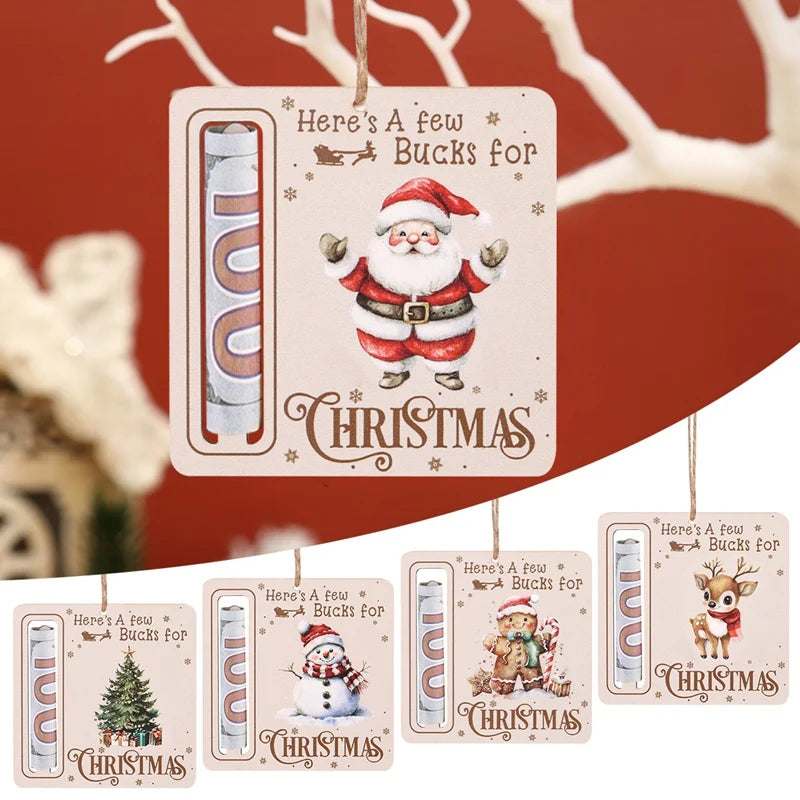 Un ensemble de cartes d'argent en bois décoratives pour fêtes de fin d'année avec des thèmes de Noël comme le Père Noël et le