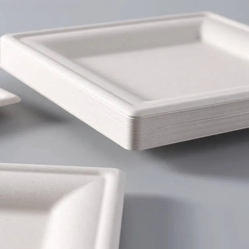 A white square paper plate is shown from a slight angle on a gray surface.