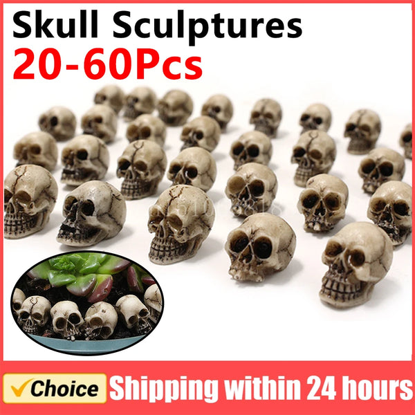 A collection of 20 to 60 realistic skull sculptures for Halloween and gothic decor.