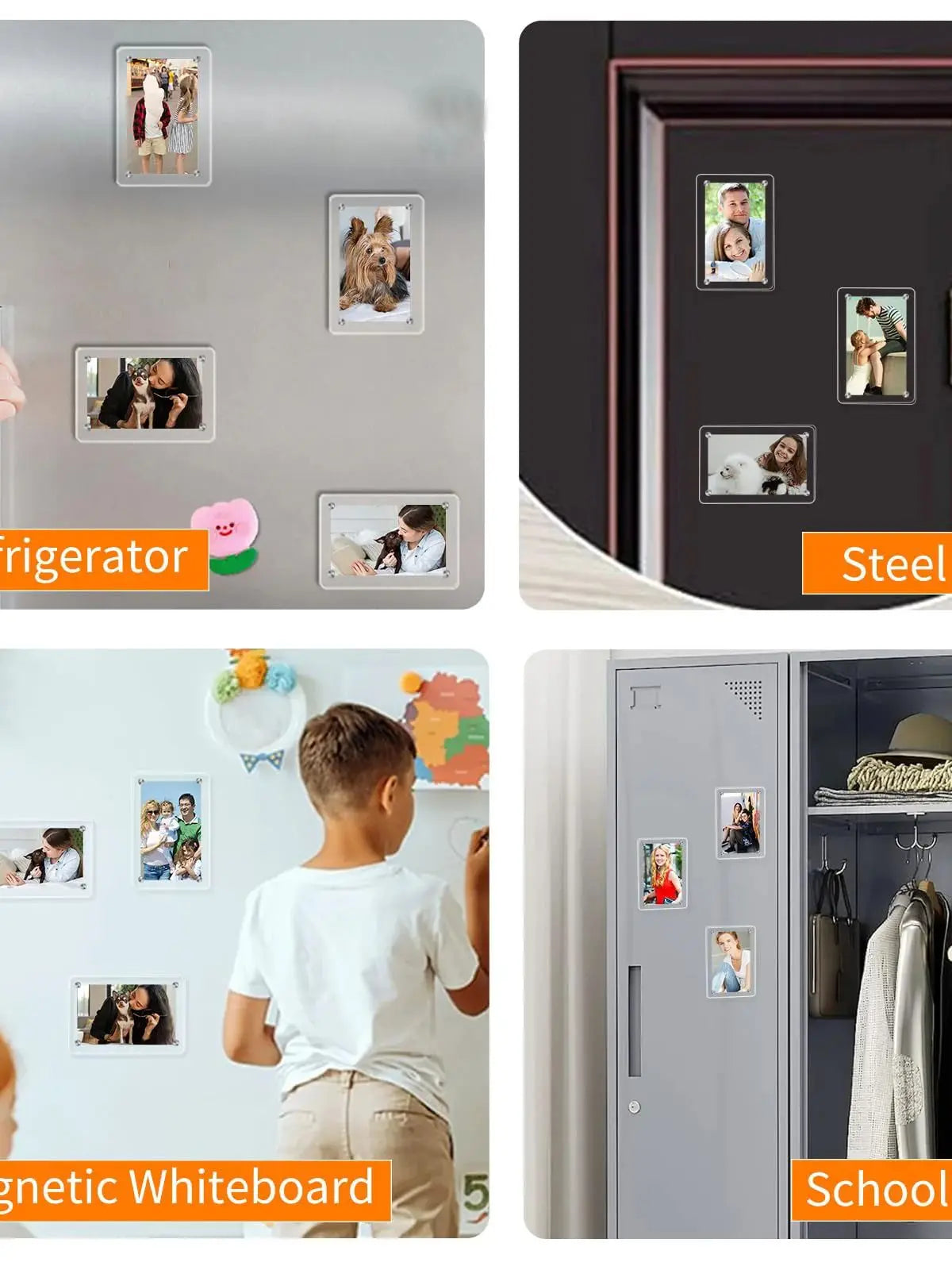A set of acrylic magnetic fridge frames for mini photos displayed on a wall and mounted on a steel refrigerator door.