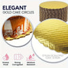 Elegant gold cake circles showing a sliced cake and a full round cake plate.