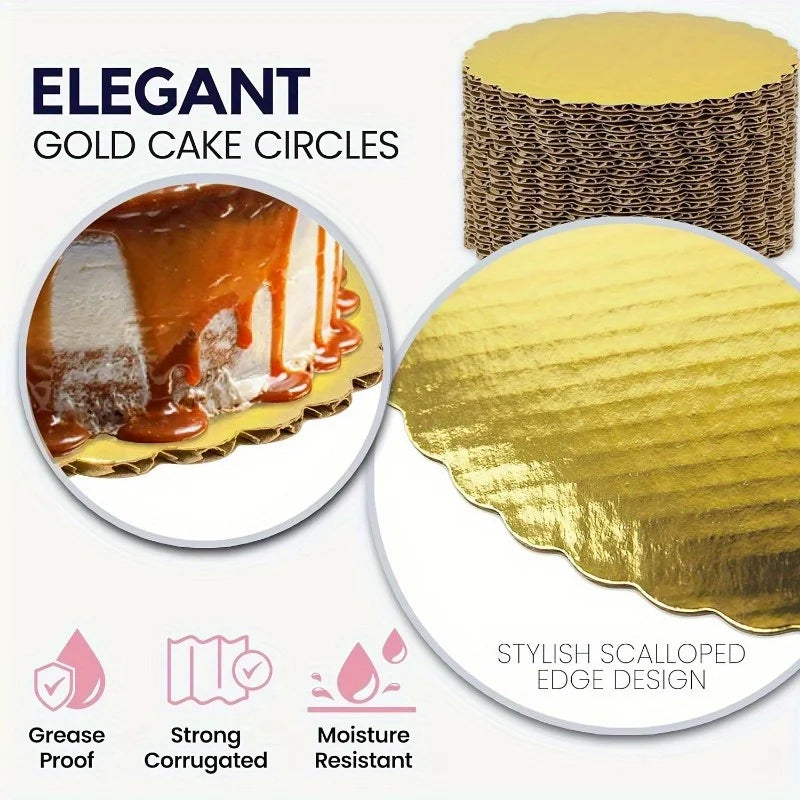 Elegant gold cake circles showing a sliced cake and a full round cake plate.