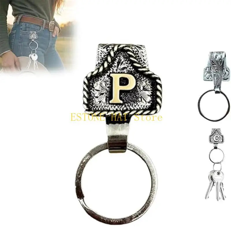 Silver western metal belt keychain featuring a large initial P and a quick-release clip.