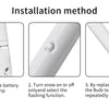 Installation method showing steps to remove the battery protection strip, turn on the flashing function, and replace the batt